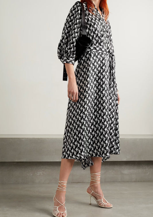 Monochrome Geometric Midi Wrap Dress