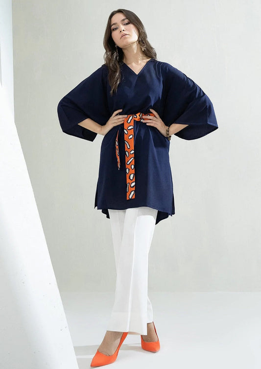CELESTIAL NAVY KIMONO WRAP CO-ORD SET WITH ABSTRACT ORANGE BELT