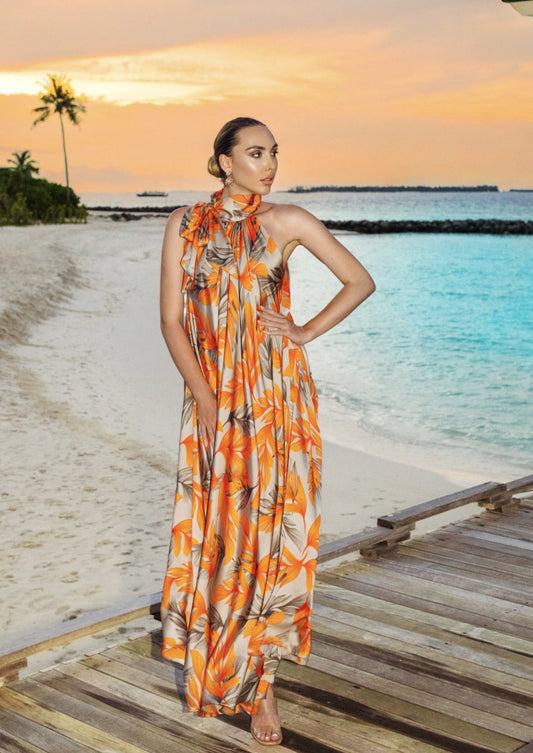 SUNSET SERENITY: HIGH NECK BEACH GOWN - FLORAL ELEGANCE DRESS