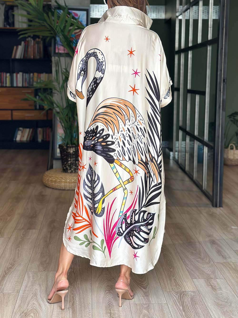Elegant Flamingo Printed Kaftan Dress