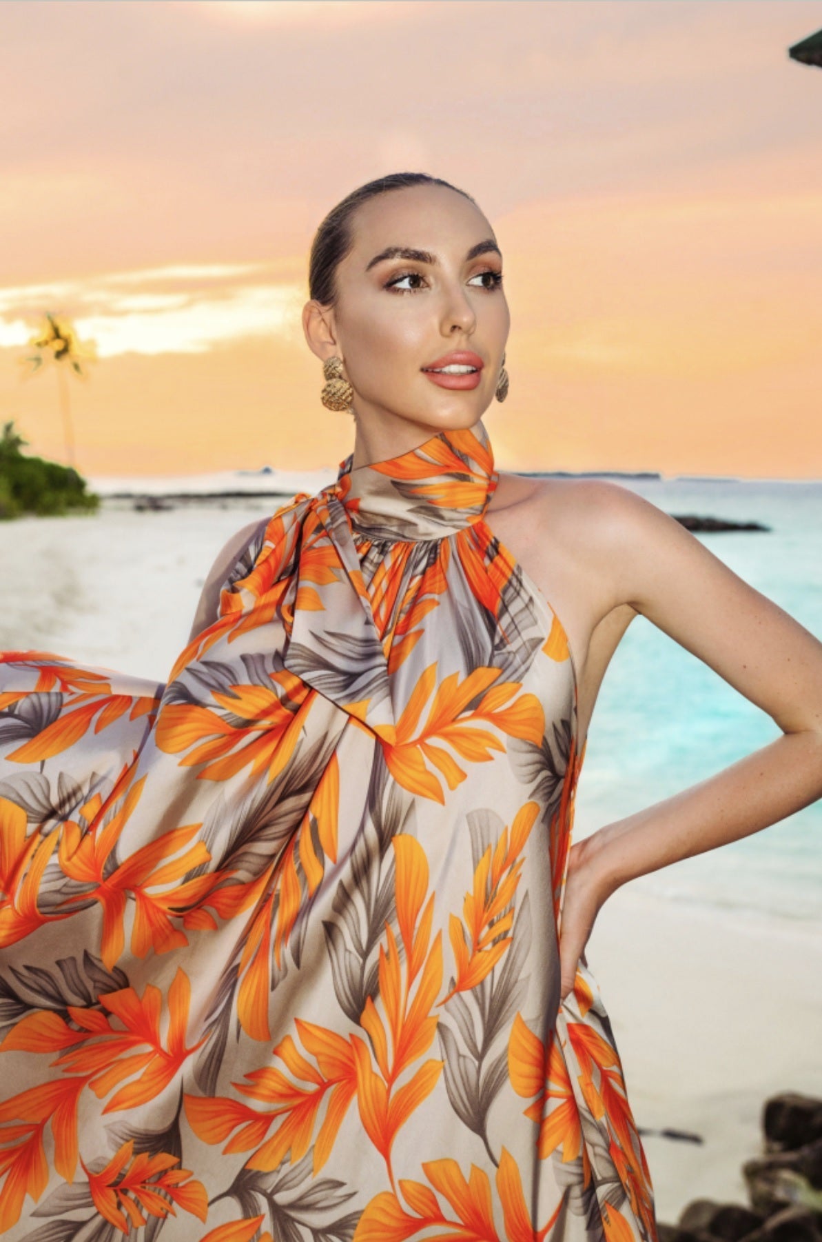 SUNSET SERENITY: HIGH NECK BEACH GOWN - FLORAL ELEGANCE DRESS