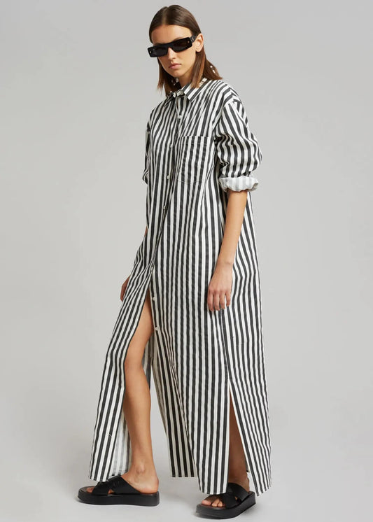 COTTON ELEGANCE STRIPES: PREMIUM FULL-LENGTH SHIRT DRESS
