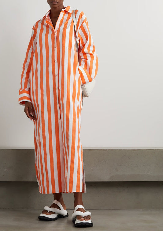 COTTON ELEGANCE STRIPES: PREMIUM FULL-LENGTH SHIRT DRESS