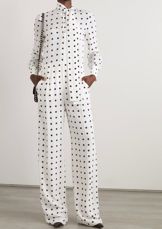 WHITE POLKA DOT JUMPSUIT - HIGH-COLLAR ELEGANCE