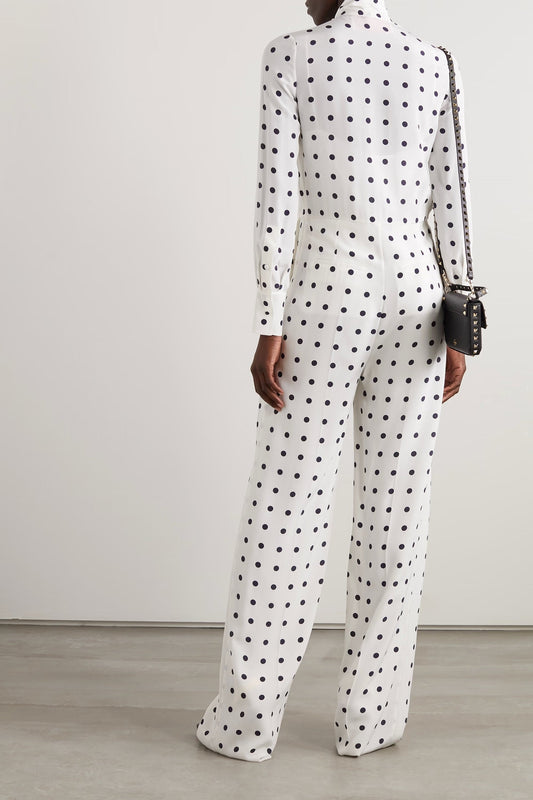 WHITE POLKA DOT JUMPSUIT - HIGH-COLLAR ELEGANCE