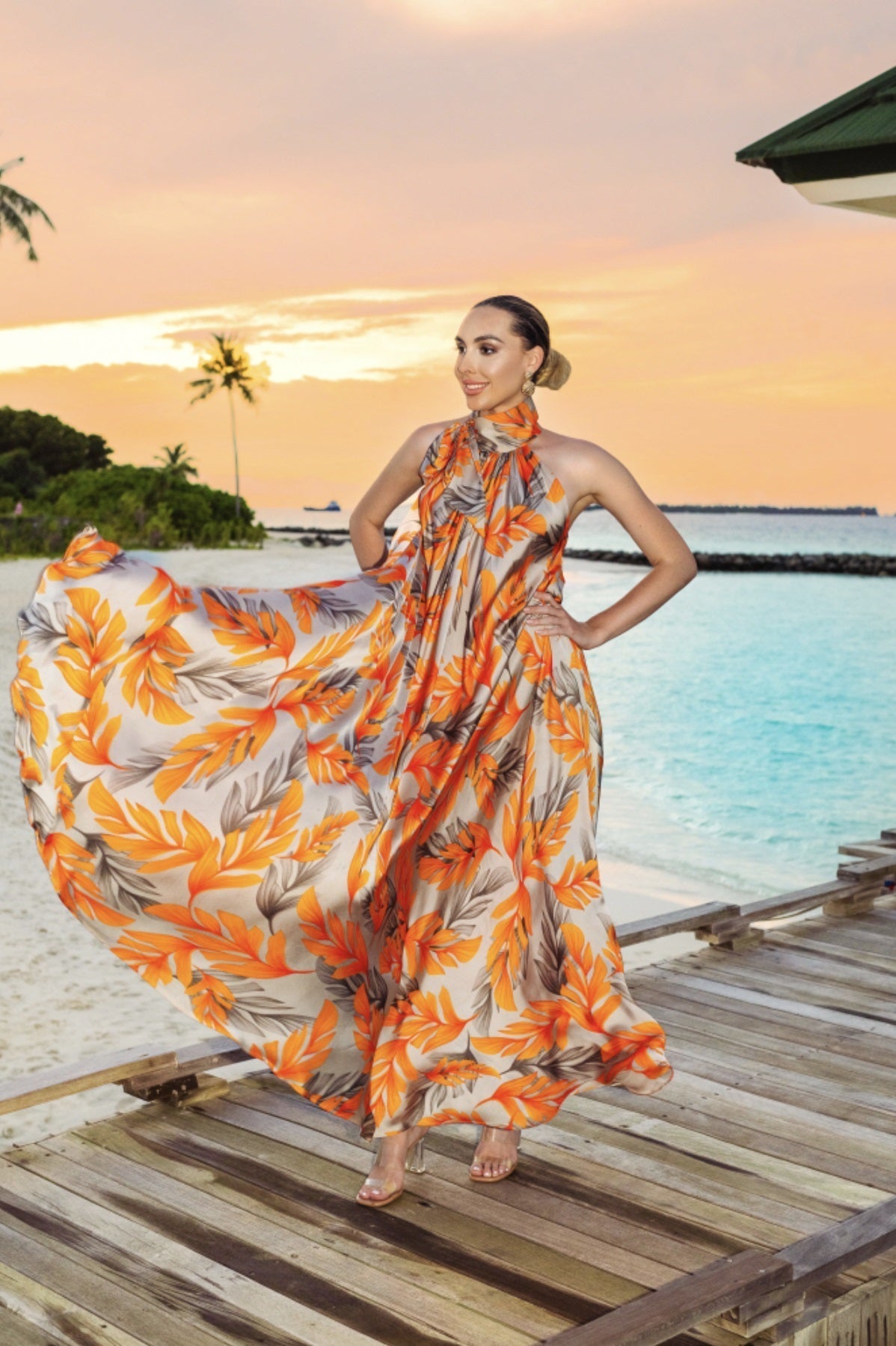 SUNSET SERENITY: HIGH NECK BEACH GOWN - FLORAL ELEGANCE DRESS